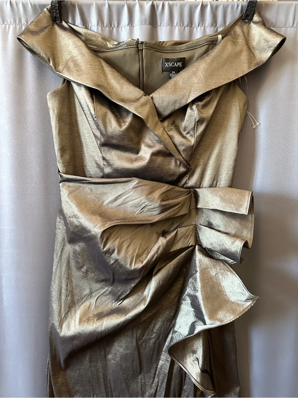 Xscape Metallic Taffeta,off The Shoulder Gown,sz 14, New Without Tag,olive